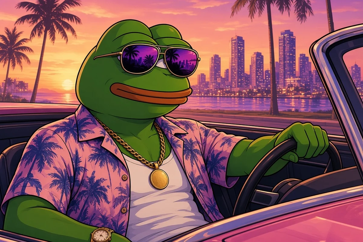 Pepe in sunglasses and a palm-print shirt driving a pink convertible along an ocean boulevard at sunset, city skyline behind him