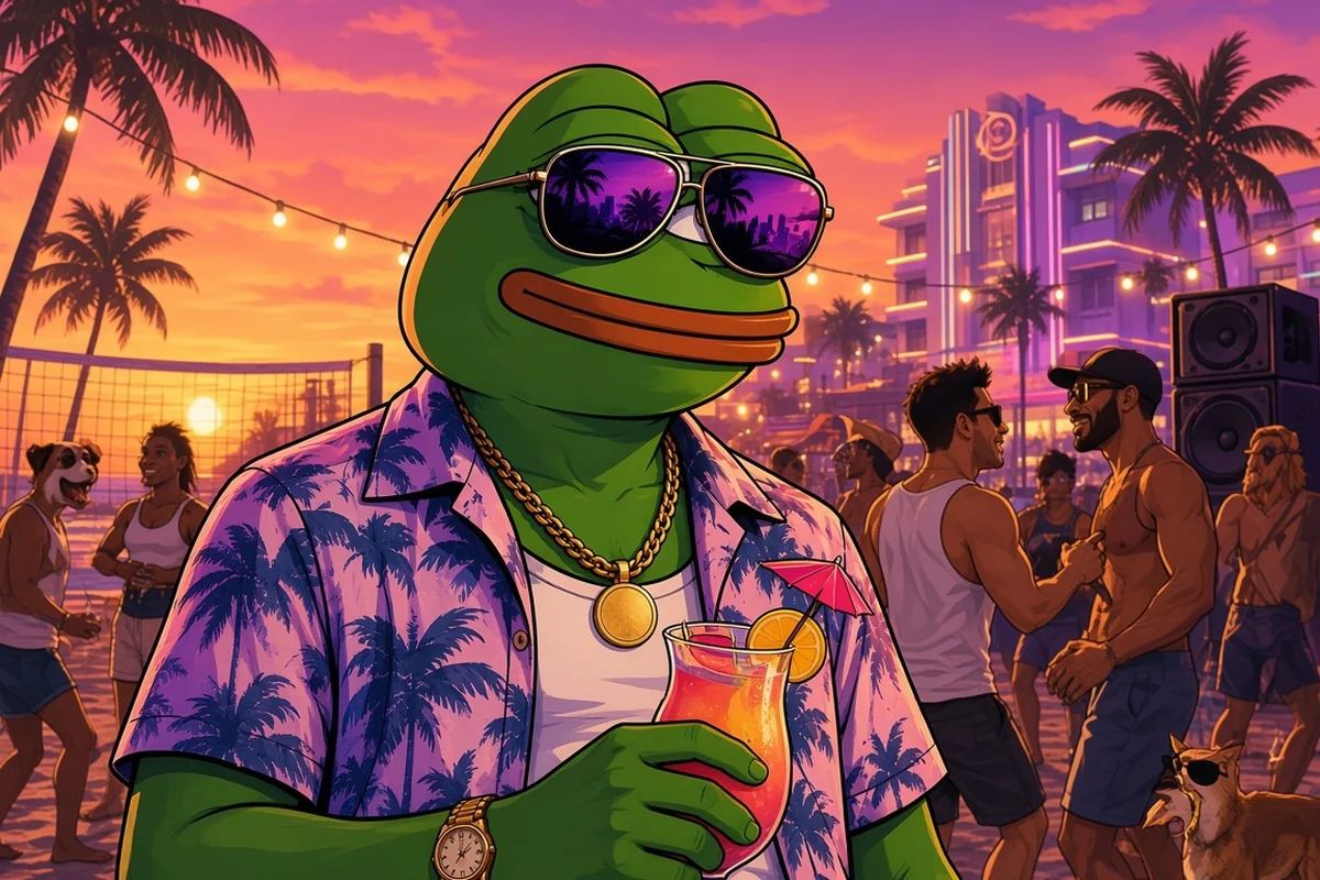 Pepe holding a tropical cocktail at a golden-hour beach party with string lights, speakers, a volleyball net and dancing crowd