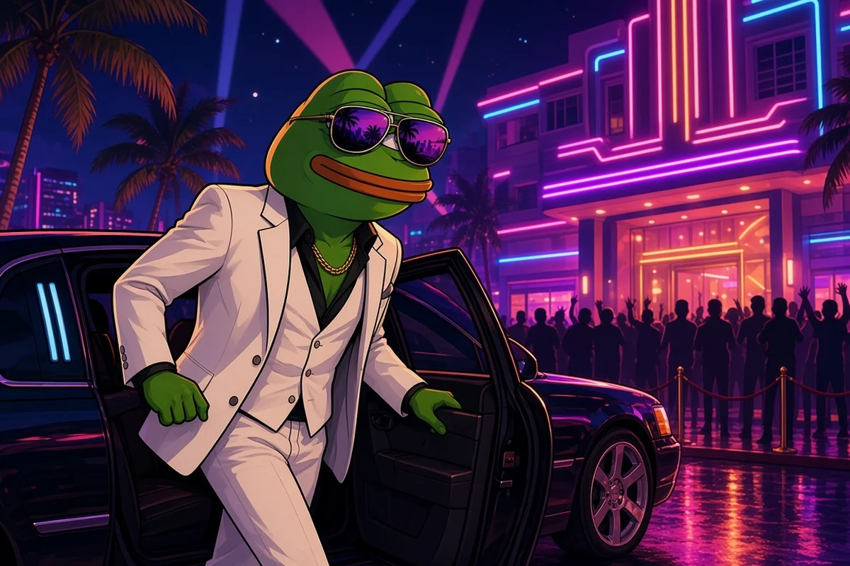 Pepe in a white suit stepping out of a black limo in front of a glowing neon nightclub with a crowd behind a rope