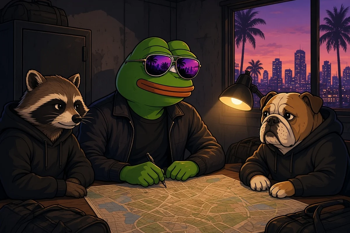 Pepe, a raccoon and a bulldog in dark hoodies planning a heist around a city map in a dim hideout