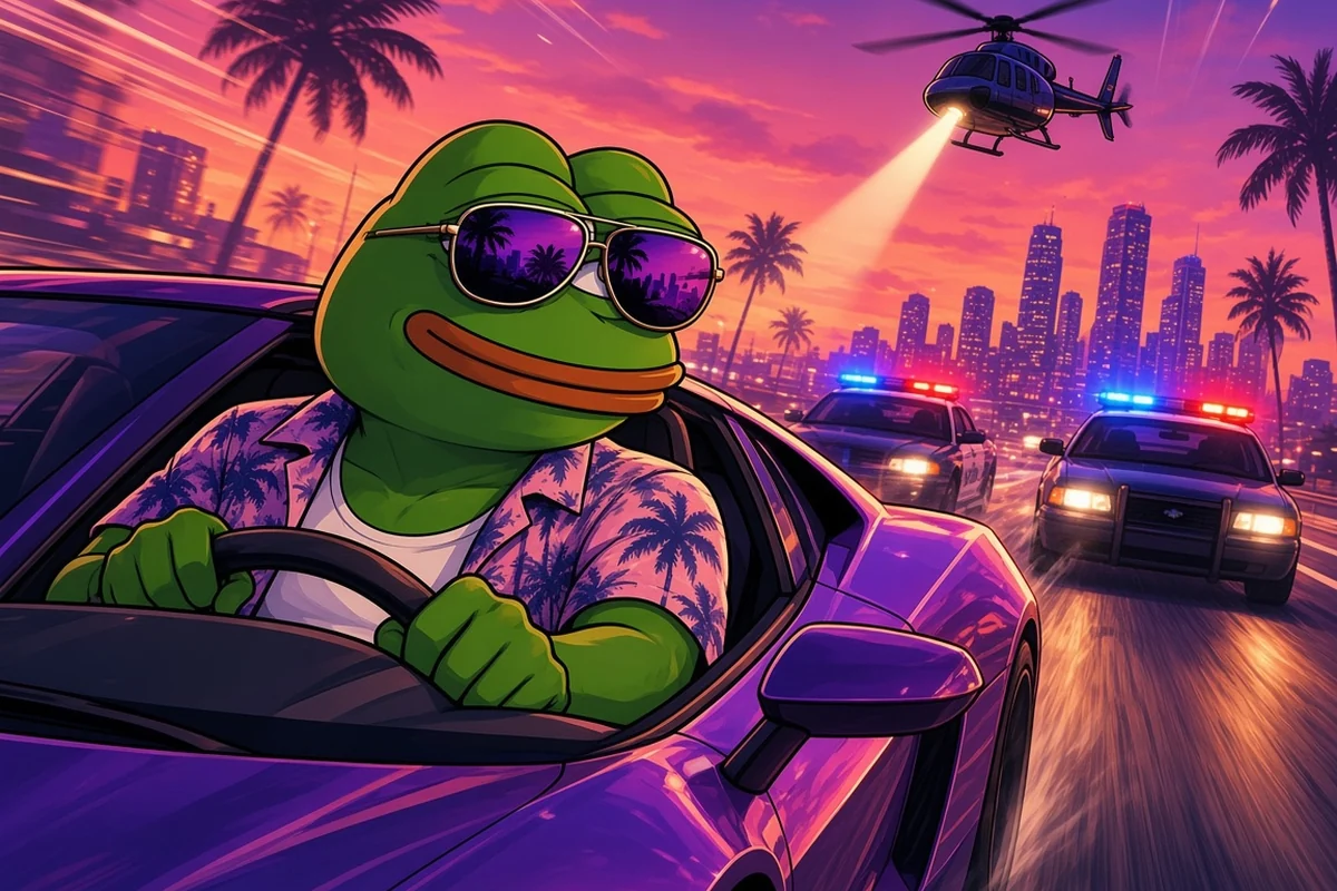 Pepe at the wheel of a purple sports car racing through the city at dusk with police cars and a helicopter spotlight behind