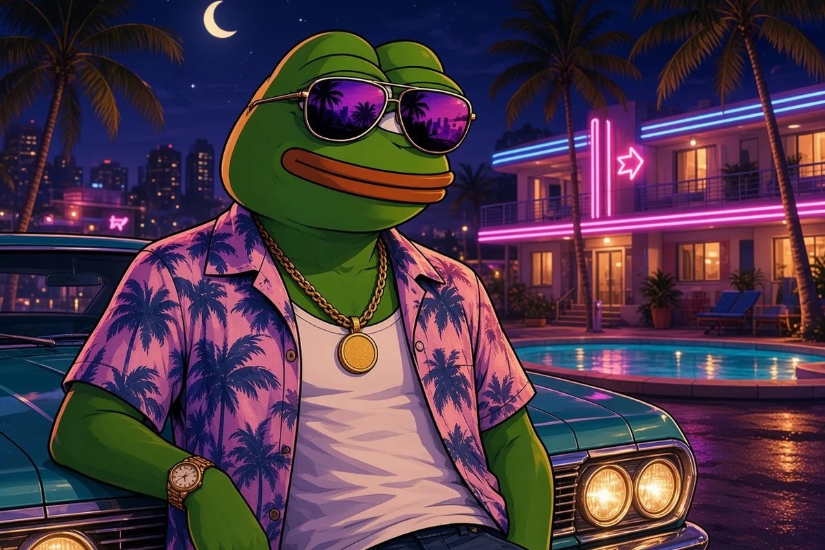 Pepe leaning on a teal lowrider beside a neon-lit motel pool under a crescent moon