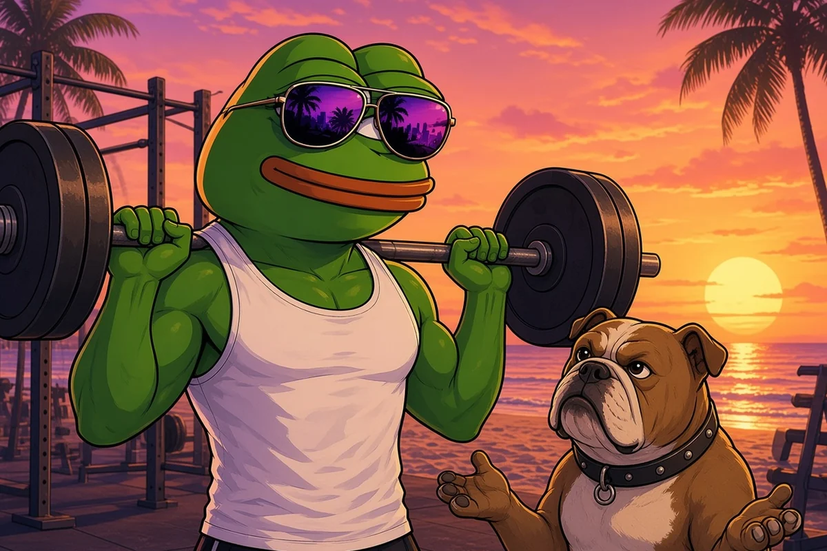 Pepe in a white tank top lifting a barbell at an outdoor beach gym at sunset while a bulldog watches