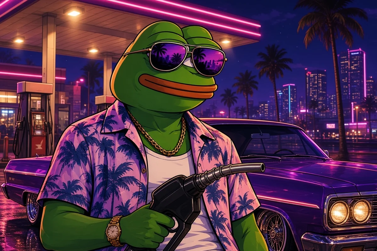 Pepe fueling a purple lowrider at a neon-lit gas station with the city skyline behind