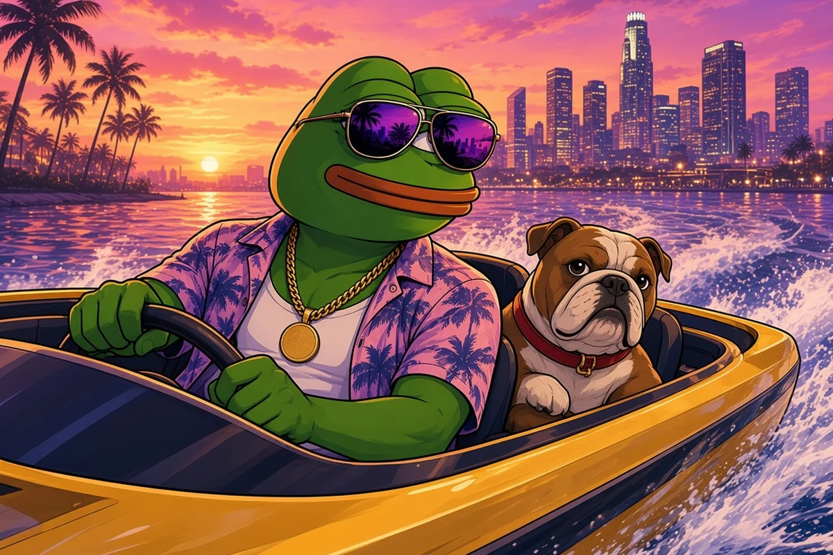 Pepe driving a yellow speedboat across the bay at sunset with a bulldog passenger and the skyline behind