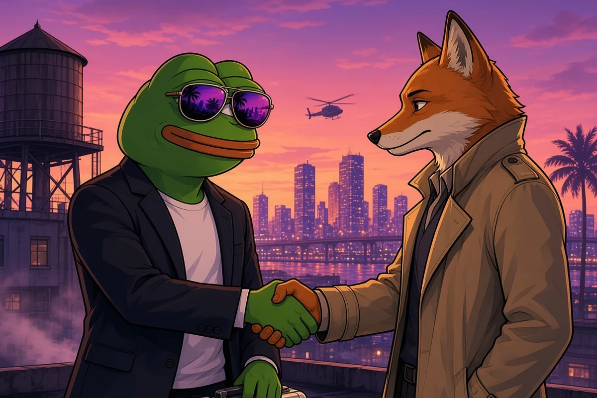 Pepe in a dark suit shaking hands with a fox in a trench coat on a city rooftop at dusk, silver briefcase between them