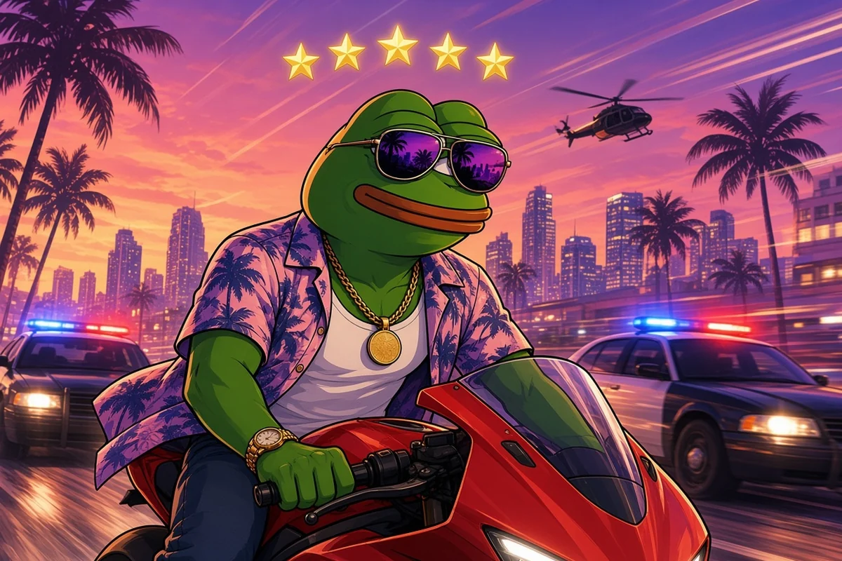 Pepe in sunglasses riding a red sport motorbike with five gold wanted stars overhead, police cars and a helicopter chasing