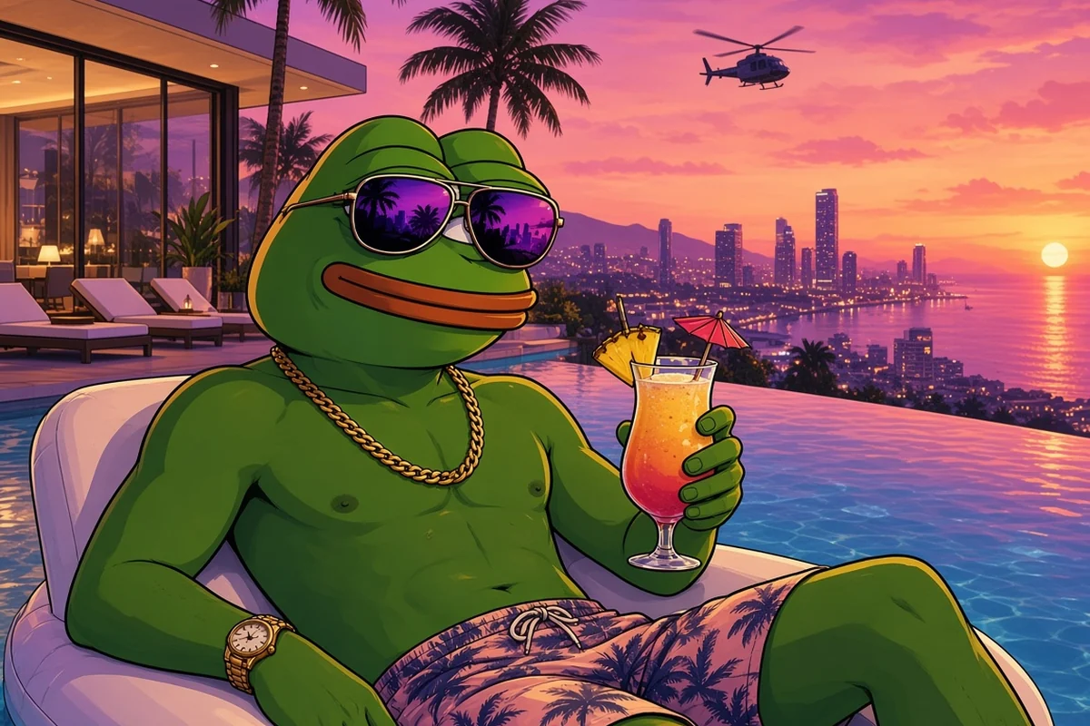Pepe relaxing on a floating chair in a mansion infinity pool with a cocktail while the sun sets over the city