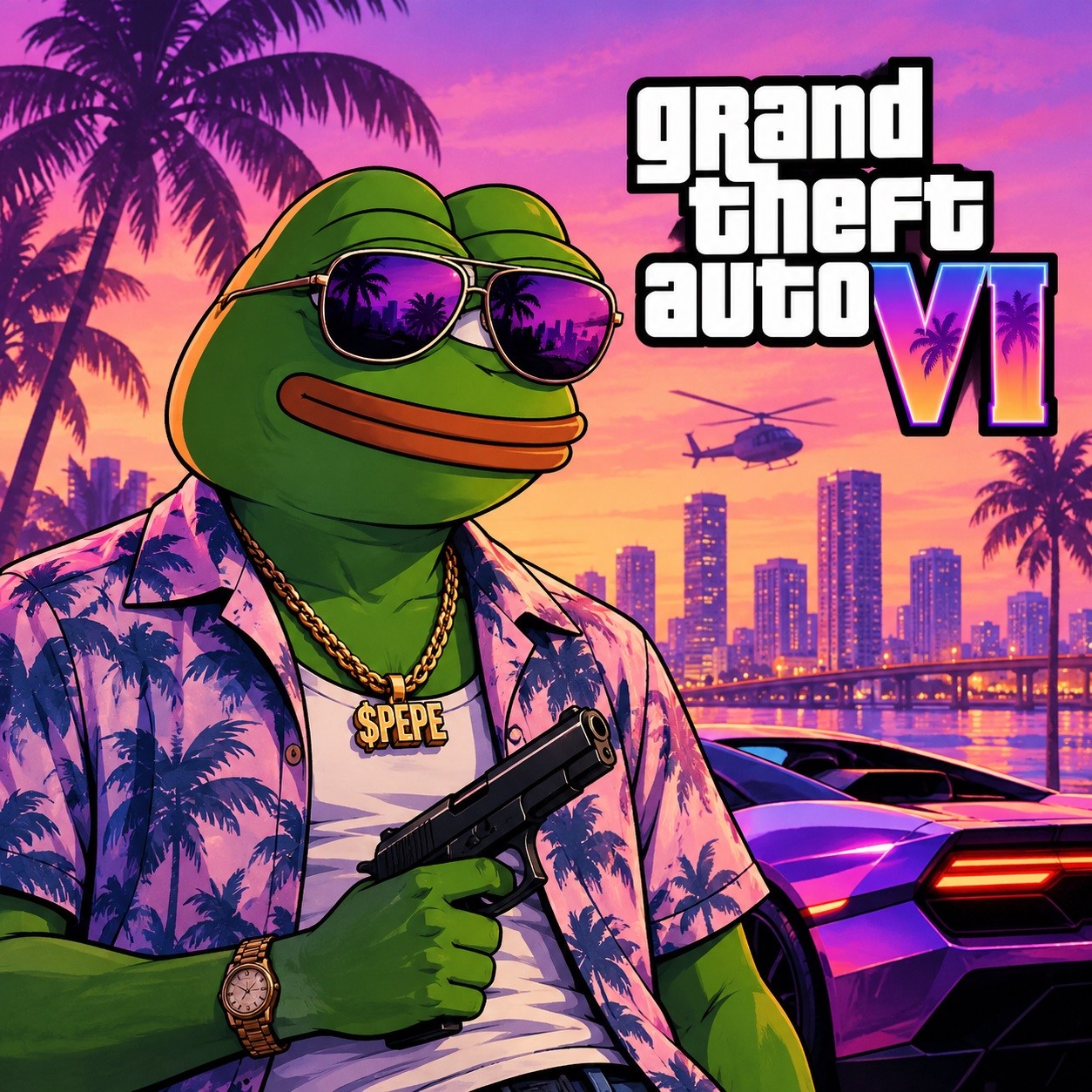 GTA Pepe token logo: Pepe the frog in sunglasses and a palm-print shirt, holding a pistol in front of a neon city skyline and a purple supercar