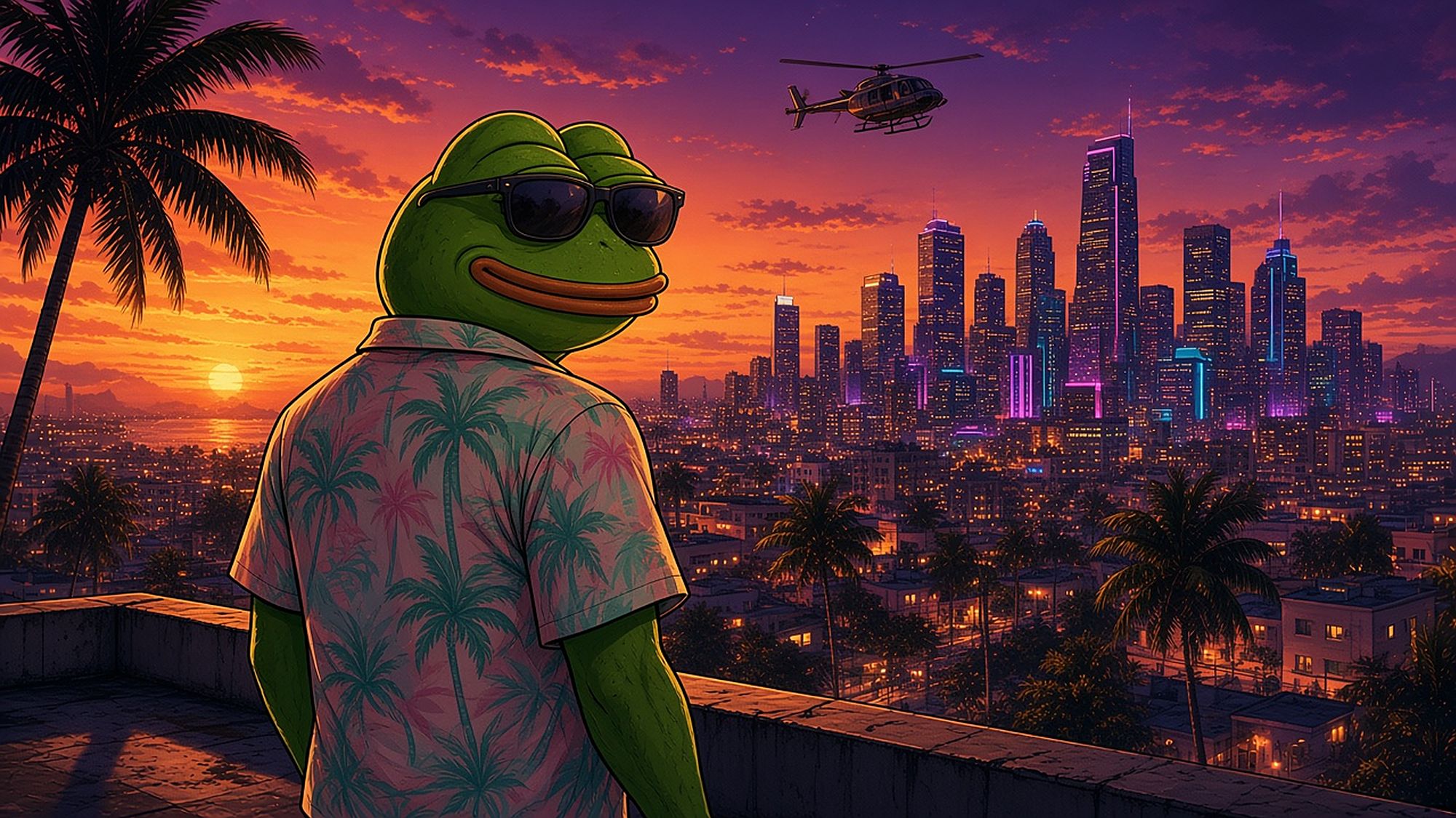 Pepe the frog in sunglasses and a palm-print shirt on a rooftop, looking out over a neon city at sunset with a helicopter overhead